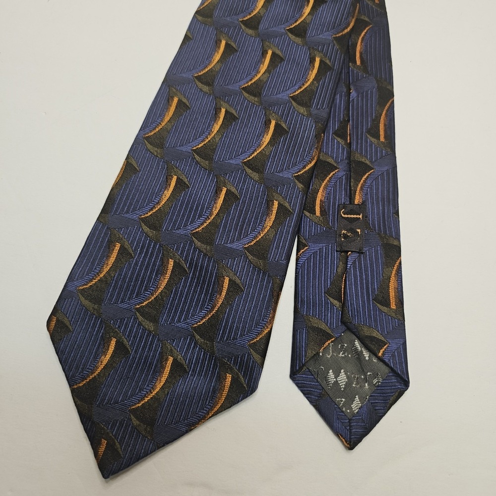 JZ Richards Double Black Neck Tie Blue Gold Geometric Geo Silk Made In USA